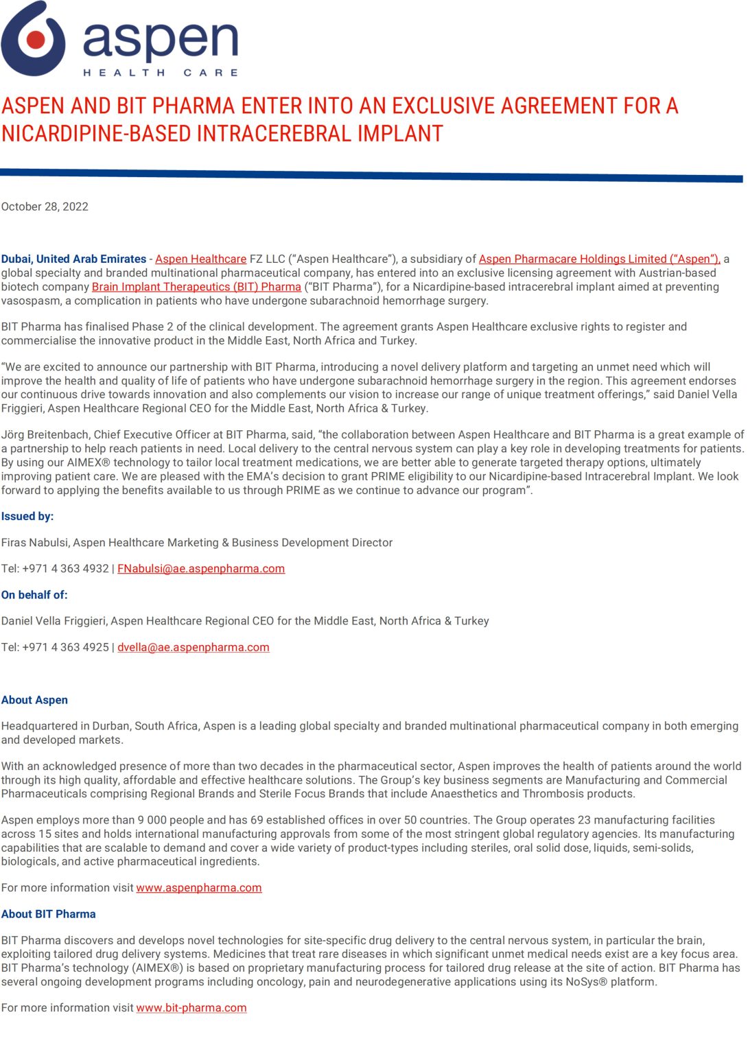 ASPEN And BIT PHARMA Enter Into An Exclusive Agreement For A